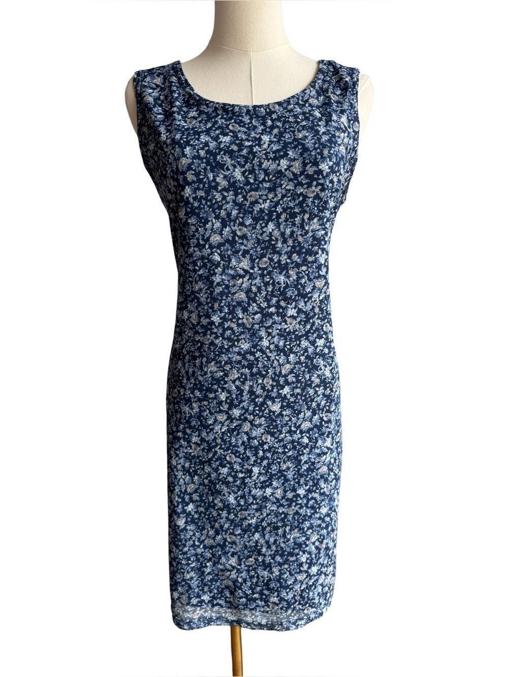 Vtg 90s Ditsy Floral Summer Dress Sz M Blue Sleeveless Knee Length Cute Sundress